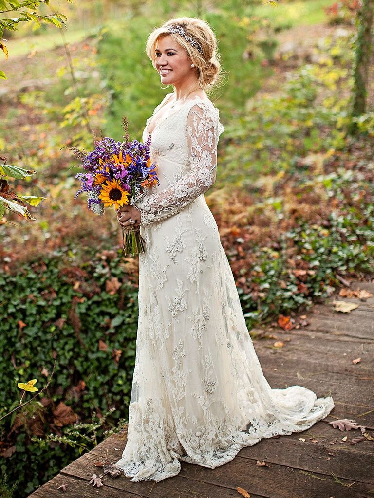 Celebrity long shop sleeve wedding dress