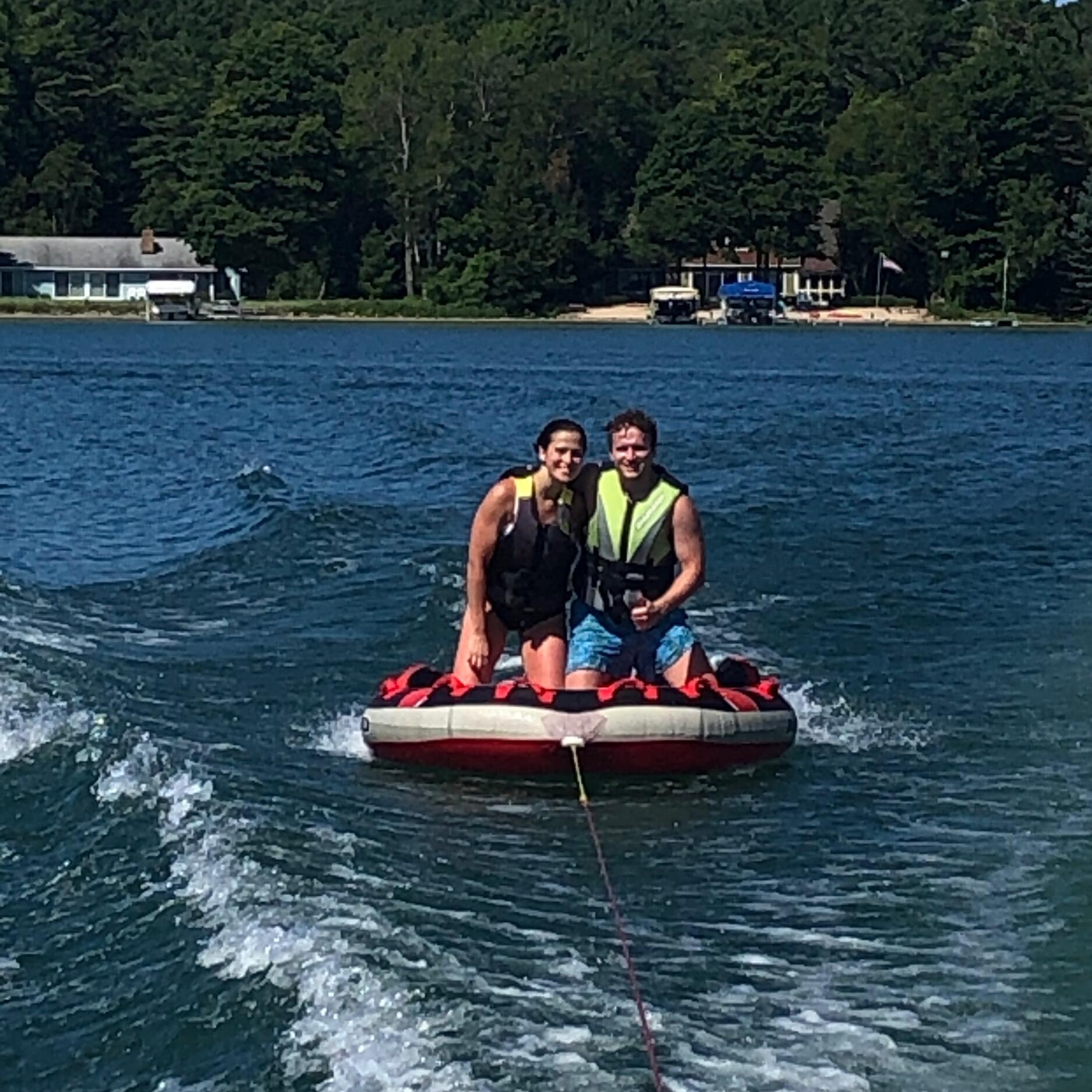 First time tubing together in Leland! Sam pulled Sara off the tube with him right after this photo! Leland, MI