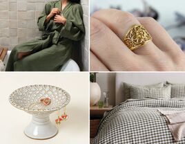 Four 8 year anniversary gifts: linen robe, gold filigree ring, bed linen, pedestal jewelry holder