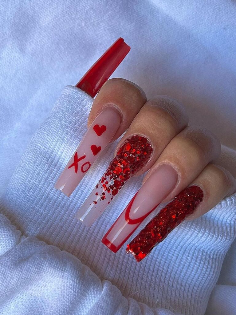 XO red glitter Valentine's Day nails