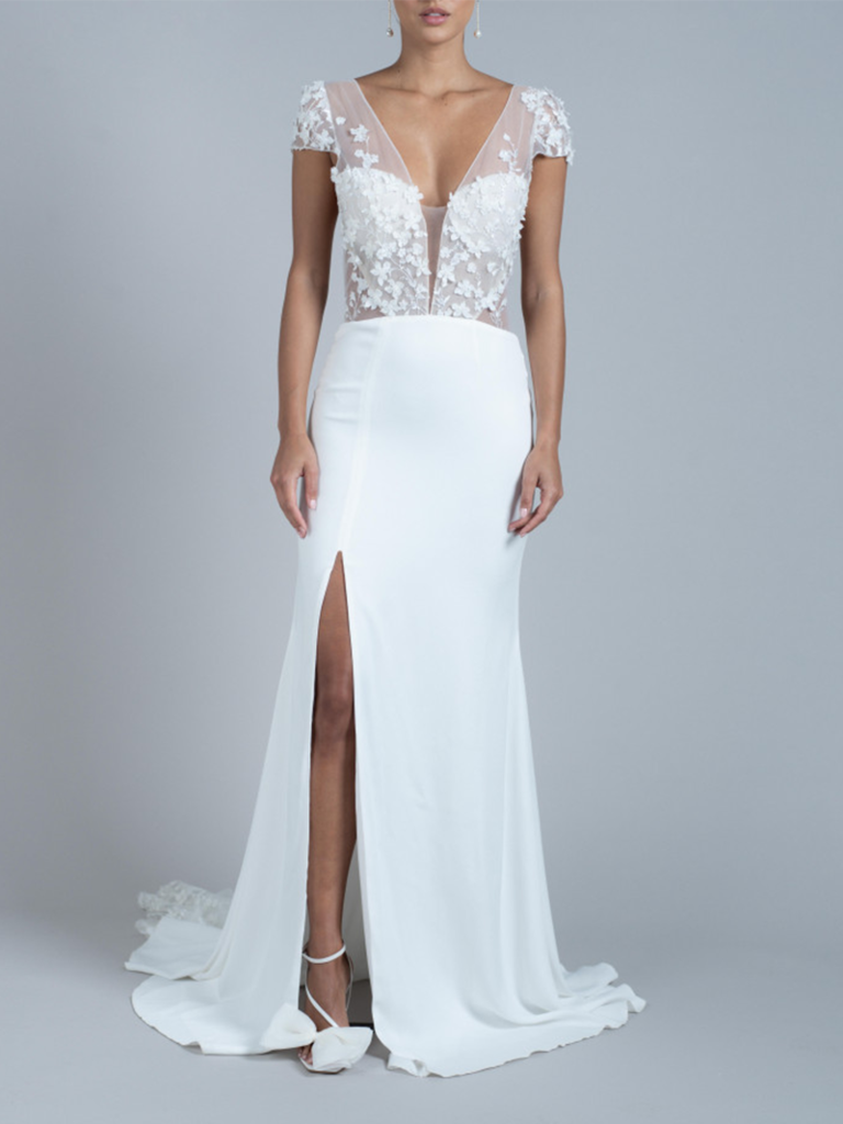 Crepe and lace mermaid gown with illusion cap sleeves