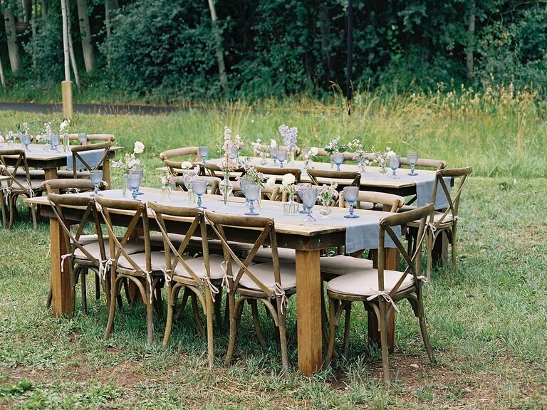 Outdoor wedding reception with rustic touches. 