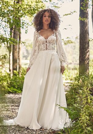 Chiffon A-Line Bridal Dress with Bishop Sleeves and Keyhole Back