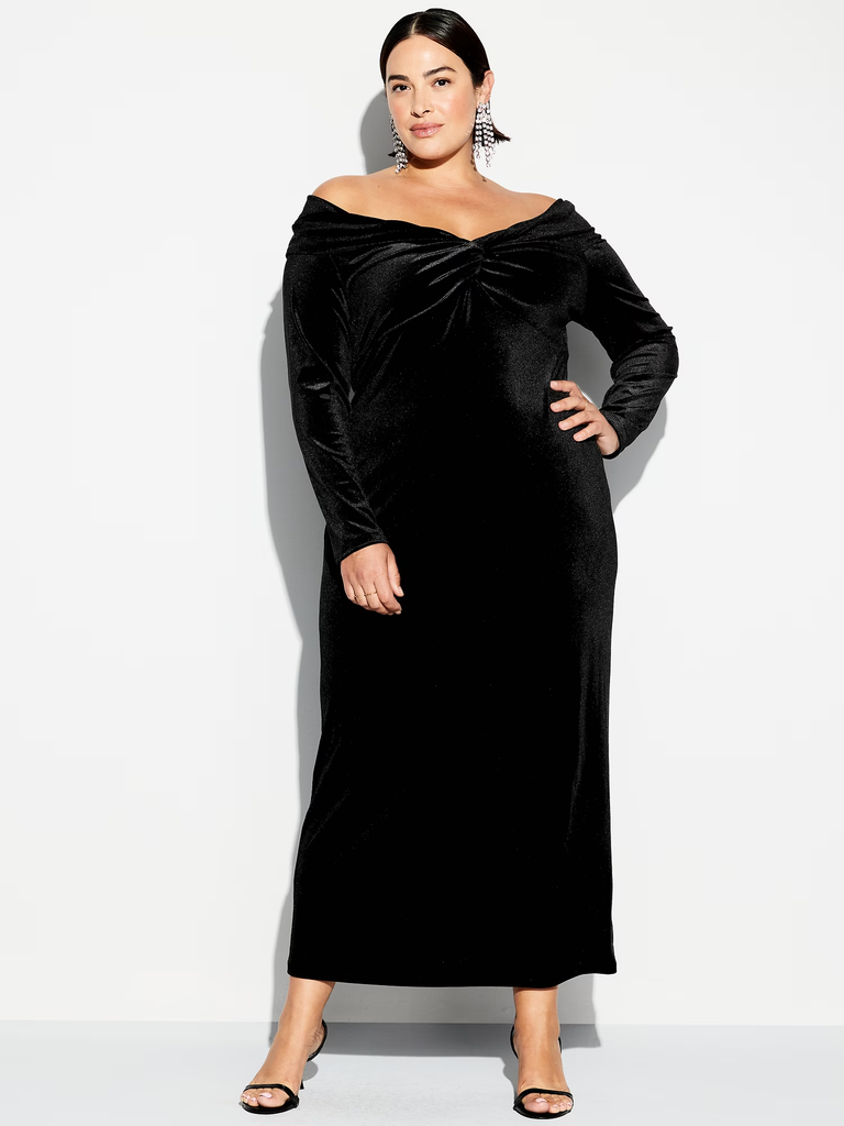 Black velvet off-the-shoulder midi wedding guest dress winter from Old Navy