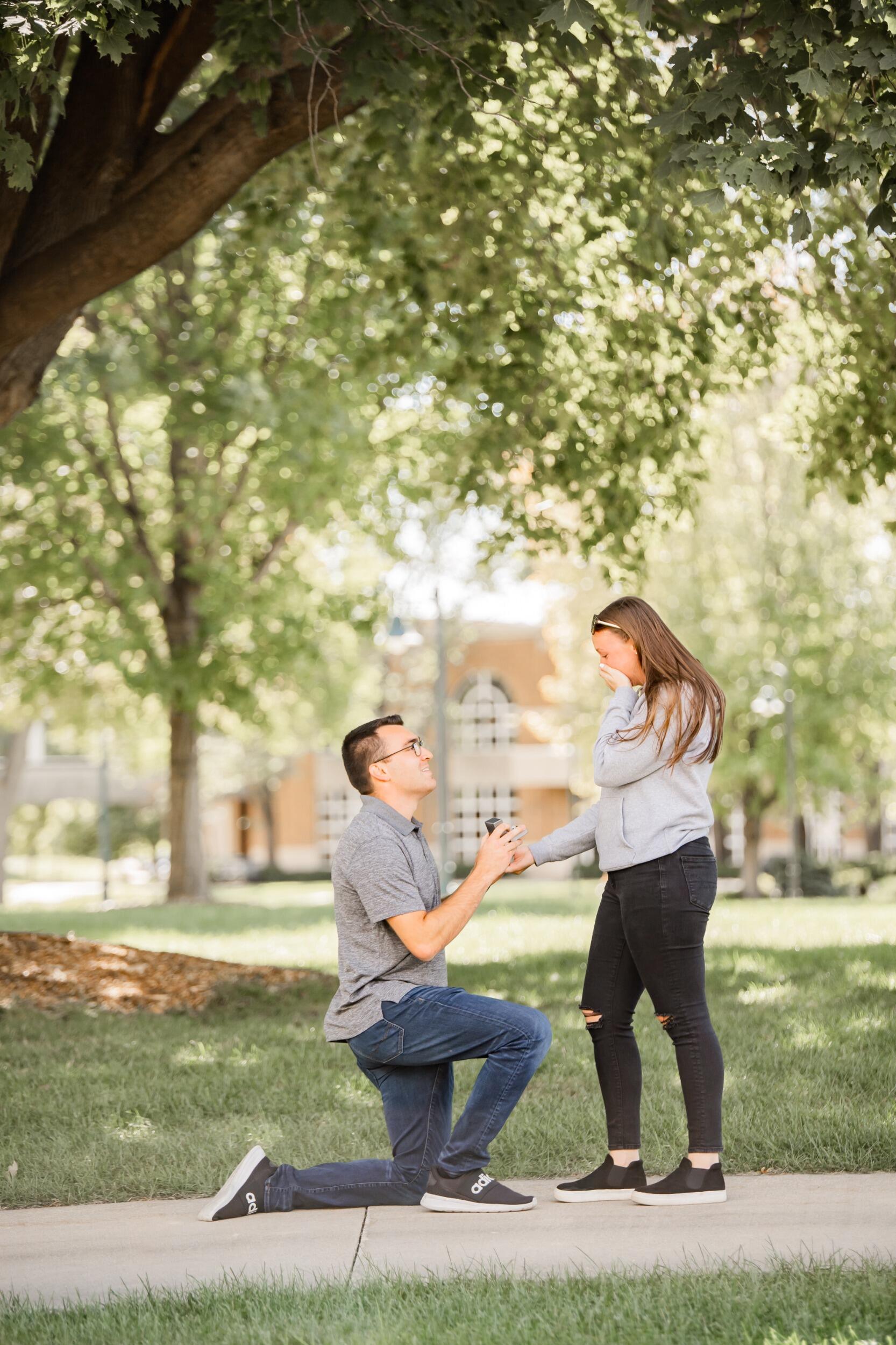 Erin had no idea what this day was going to bring (literally no idea, she missed all the signs)! Jared got down on one knee and asked Erin to marry him - right on campus, where they had met four years ago.
