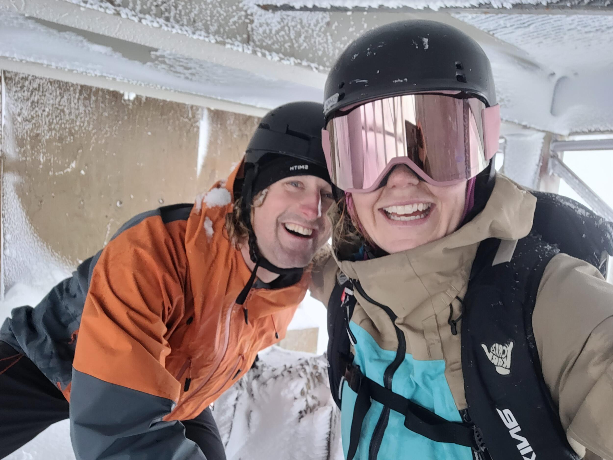 Jason and Katelyn hide from wind at Mt. Baker. 