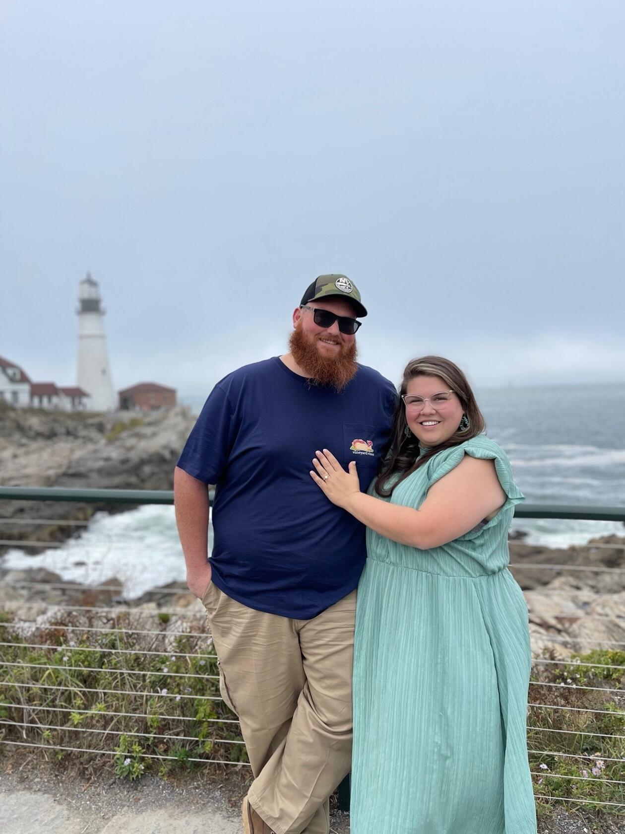 Our Engagement Day! One of the best days of our lives. Dan and Emily had gone up to Portland, Maine to visit Emily's sister, Liz and her husband, Sam. Emily had no idea what was in store. That morning, Danny took Emily to Kettle Cove in Crescent Beach State Park, where he got down on one knee and proposed to her. It was such a beautiful, peaceful spot -- the ocean, the early light, and the moment itself felt absolutely perfect. Afterward, we celebrated with Liz and Sam at their home. We then took photos together at the Portland Head Light lighthouse and a nearby apple orchard. It was such a joyful, love-filled day -- one that we will both cherish forever.