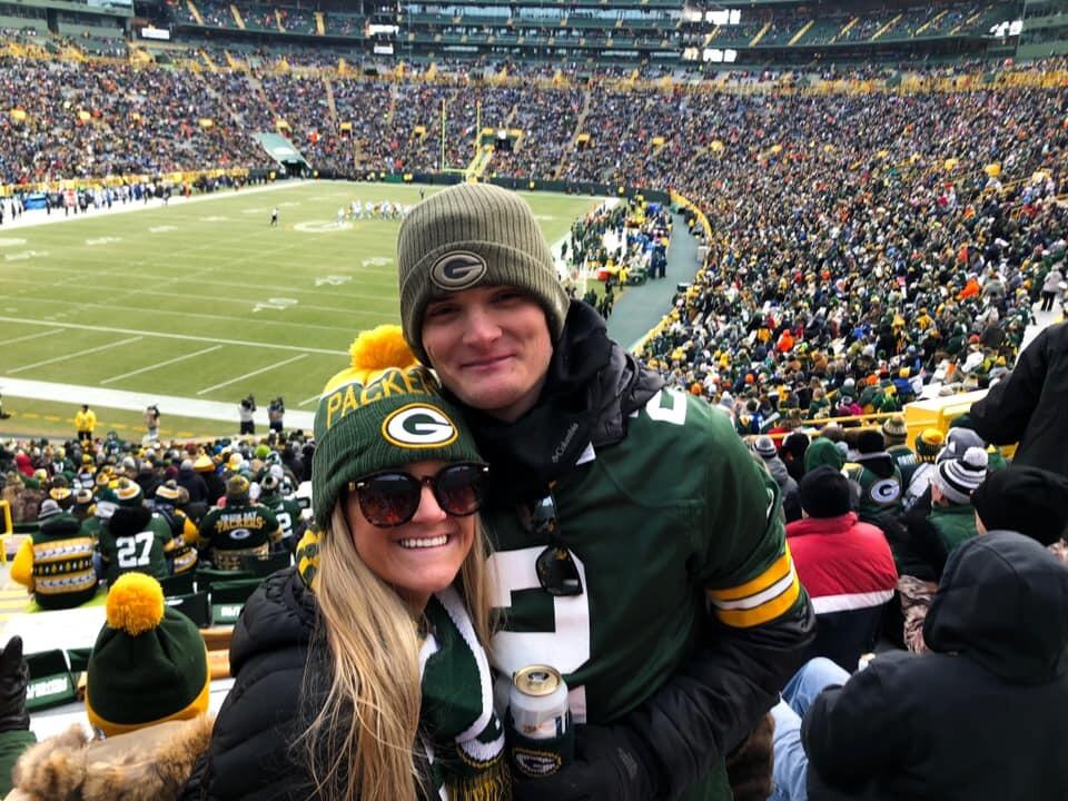 At the Packers game with Sarah's family - a Christmas gift from her parents & Joe's first game!