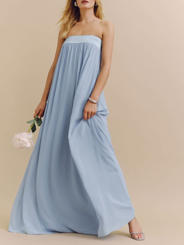 Reformation blue strapless boho mother-of-the-bride dress