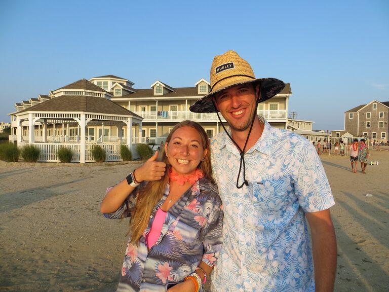 Our friend, trying to play matchmaker, pushed us together for an awkward first picture together. Jules was nervous and popped a thumbs up, but Tim was thrilled! Little did we know what would lie ahead, nearly 8 months later!!
