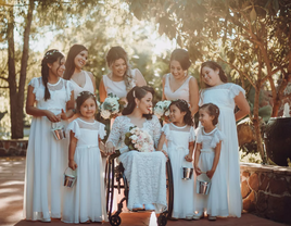 Junior bridesmaids surround the bride and bridesmaids at a wedding. 