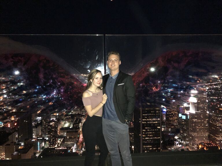 The couple's first Valentine's Day together! They started with a transparent slide on the edge of the 80th floor of a skyscraper in Downtown LA and ended with dinner at Damon's!