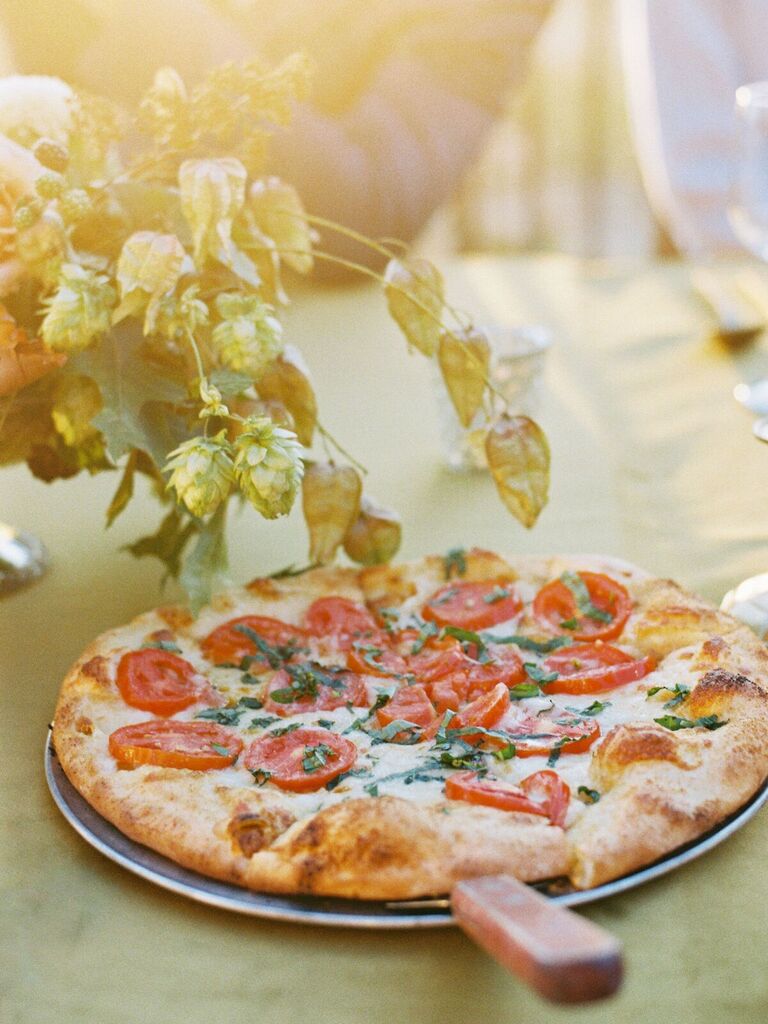 Wood fired tomato and basil pizza for your wedding meal