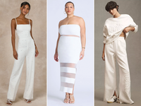 Three bachelorette party outfits including jumpsuit, maxi dress and matching lounge set