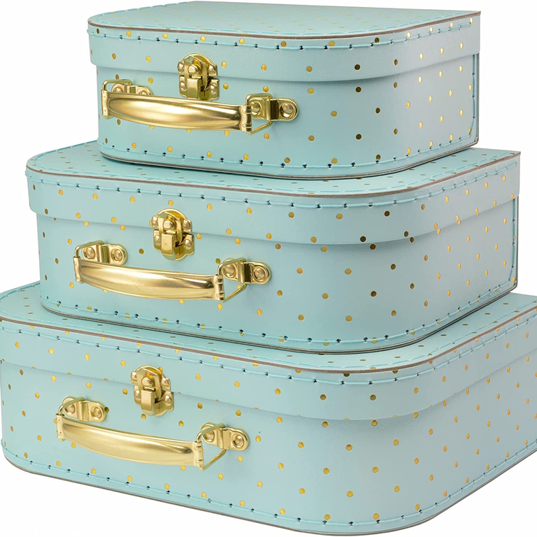 Blue and gold cardboard suitcases for your travel-themed bridal shower