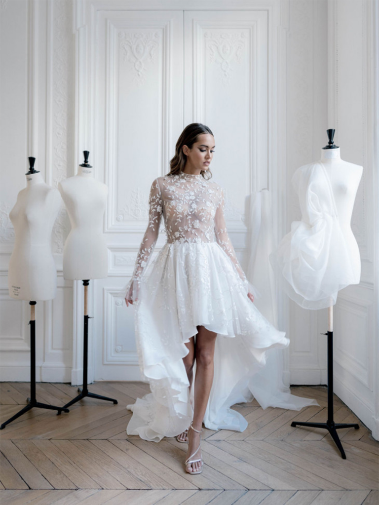 Sleeved tulle wedding dress with illusion lace - Essense of