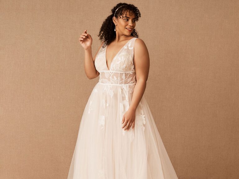 Short Sleeve V-neckline A-line Wedding Dress With Embroidered Tulle