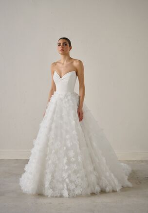 3D Floral Ball Gown with Satin Pointed Neckline