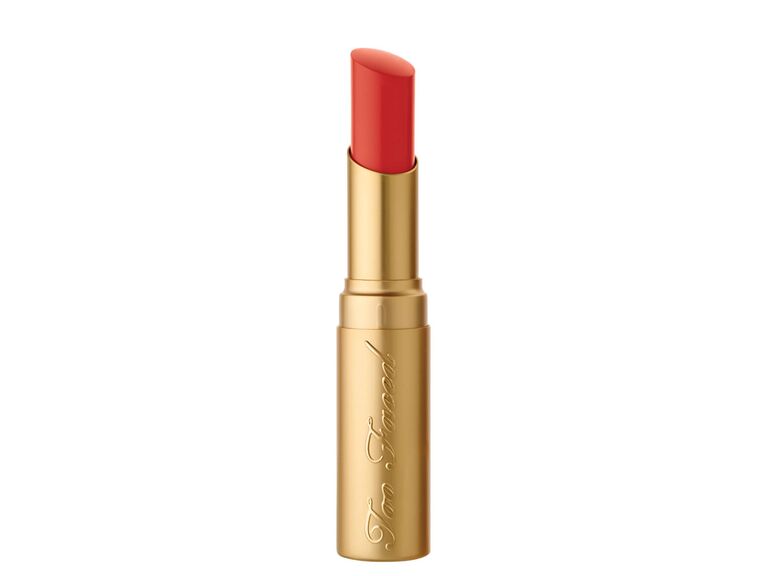 The Knot wedding lipstick party lip Too Faced lipstick in Coral Fire
