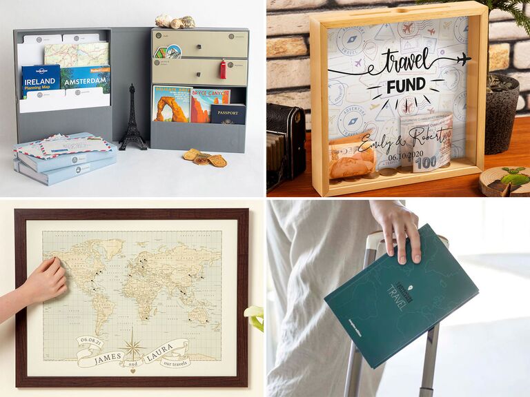 Four wedding gifts for travelers: travel storage, travel fund piggy bank, travel date idea book, pushpin world map