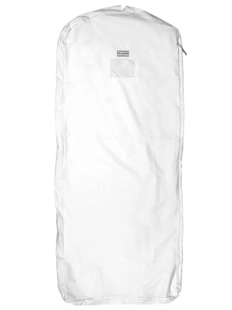White cotton bag with hanger hole and clear plastic sleeve