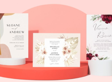 Free stationery sample kit including three wedding invitations, envelope, color chart, and branded folder.
