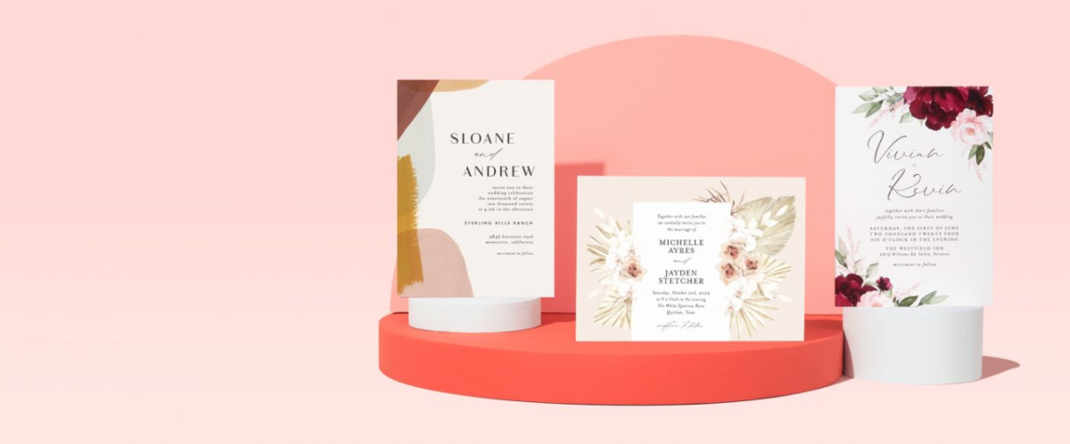 Free stationery sample kit including three wedding invitations, envelope, color chart, and branded folder.