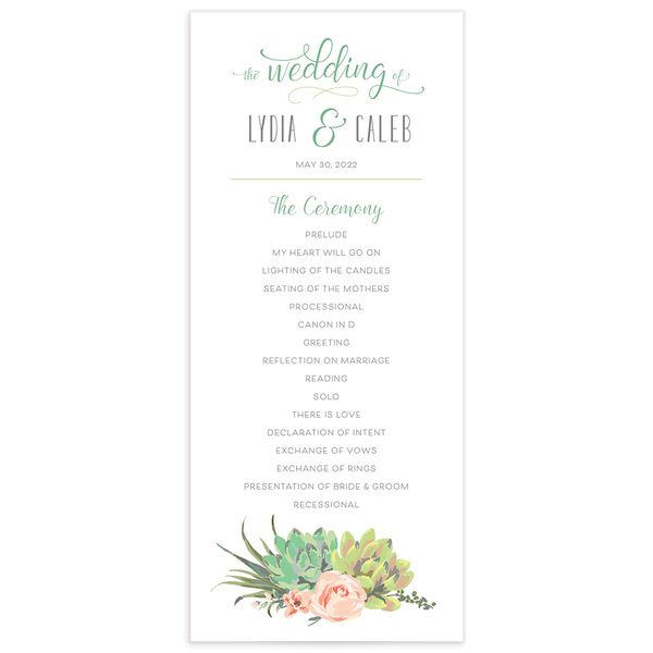 Pastel Succulents Wedding Programs front in Jewel Green