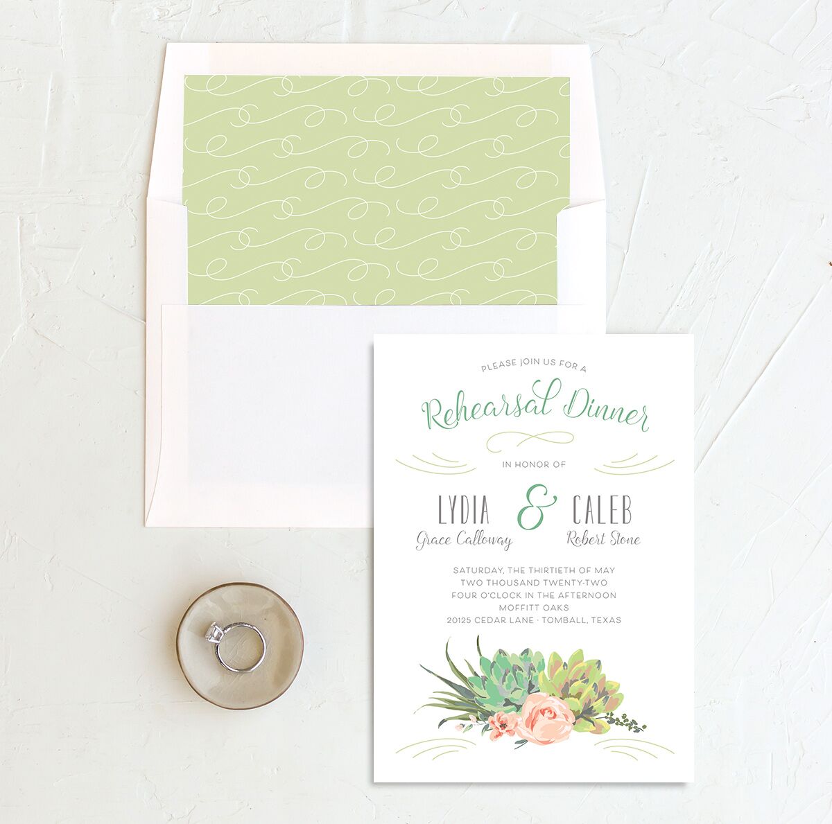 Pastel Succulents Rehearsal Dinner Invitations envelope-and-liner in Jewel Green