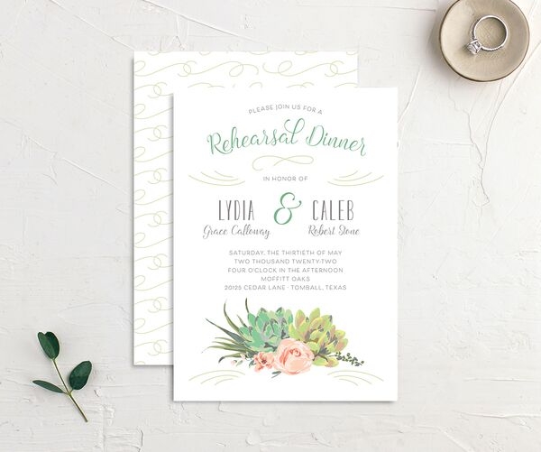 Pastel Succulents Rehearsal Dinner Invitations front-and-back in Jewel Green