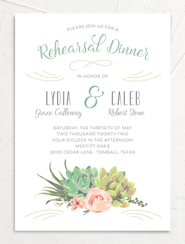 Pastel Succulents Rehearsal Dinner Invitations front in Jewel Green