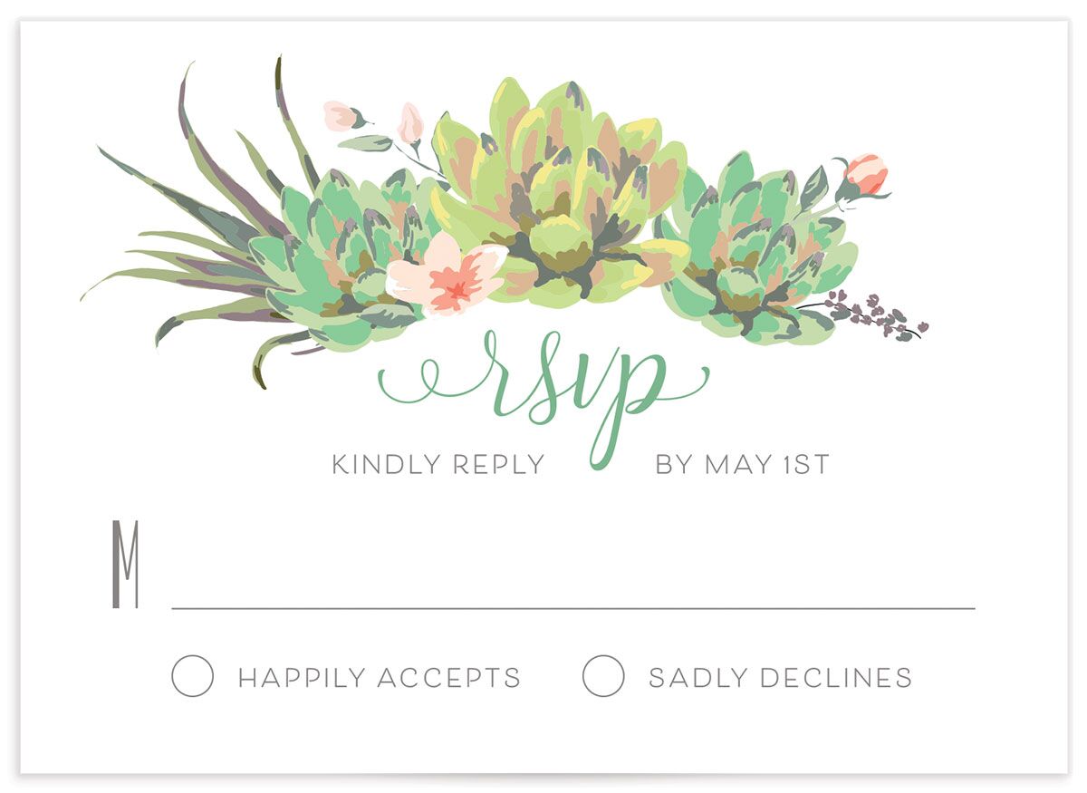 Pastel Succulents Wedding Response Cards front in Jewel Green