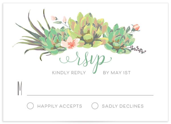 Pastel Succulents Wedding Response Cards front in Jewel Green