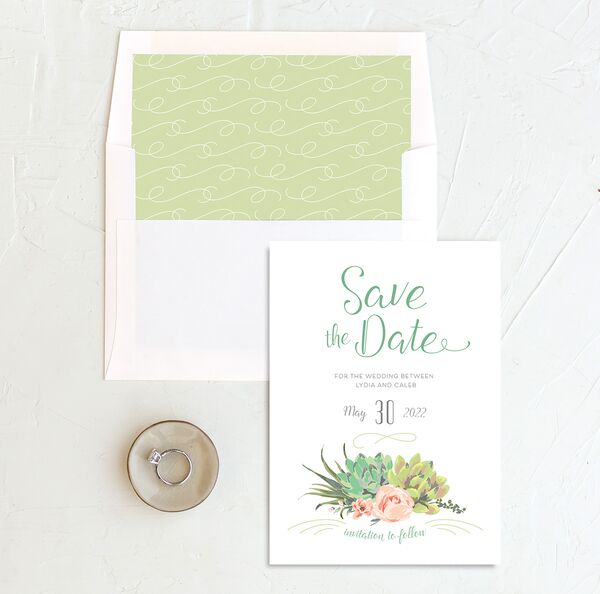 Pastel Succulents Save the Date Cards envelope-and-liner in Jewel Green