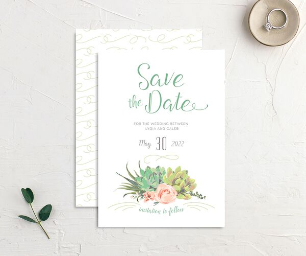 Pastel Succulents Save the Date Cards front-and-back in Jewel Green