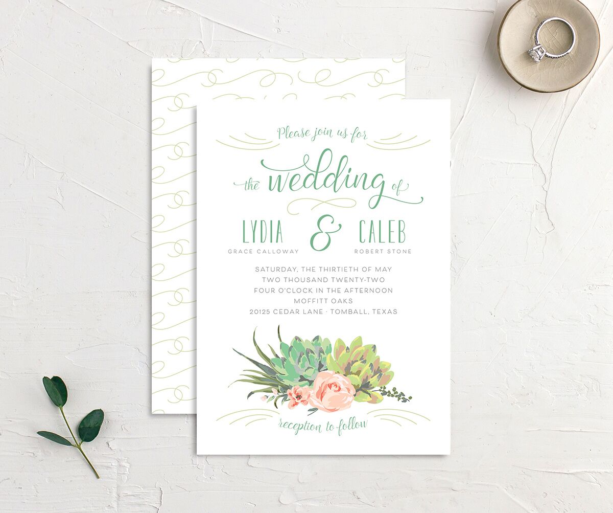 Pastel Succulents Wedding Invitations front-and-back in Jewel Green