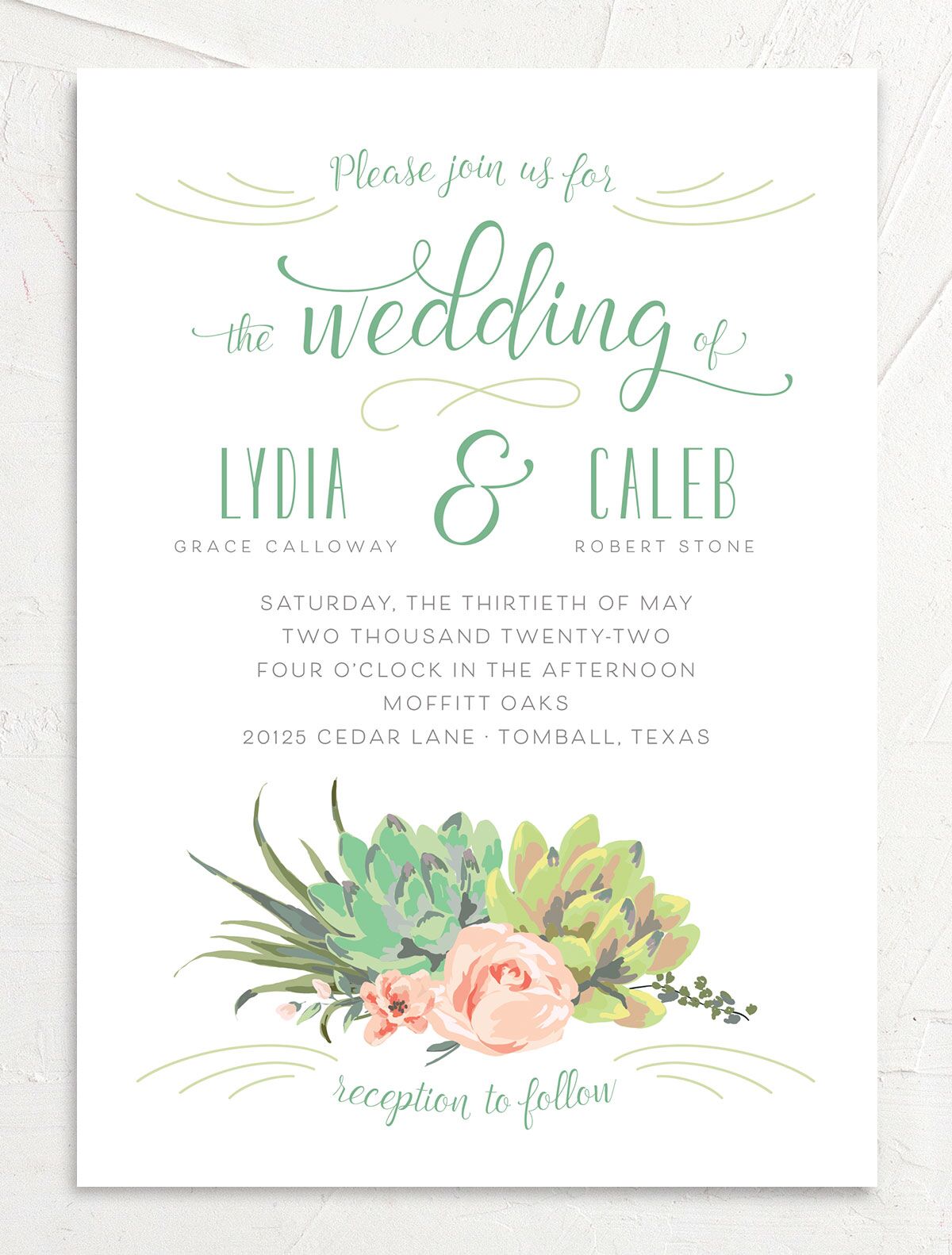 Pastel Succulents Wedding Invitations front in Green