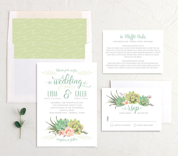 Pastel Succulents Wedding Invitations suite in Jewel Green
