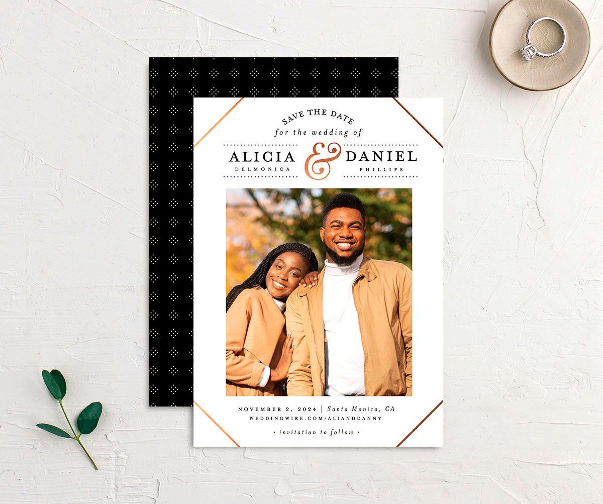 Modern Ampersand Save the Date Cards front-and-back in Pure White