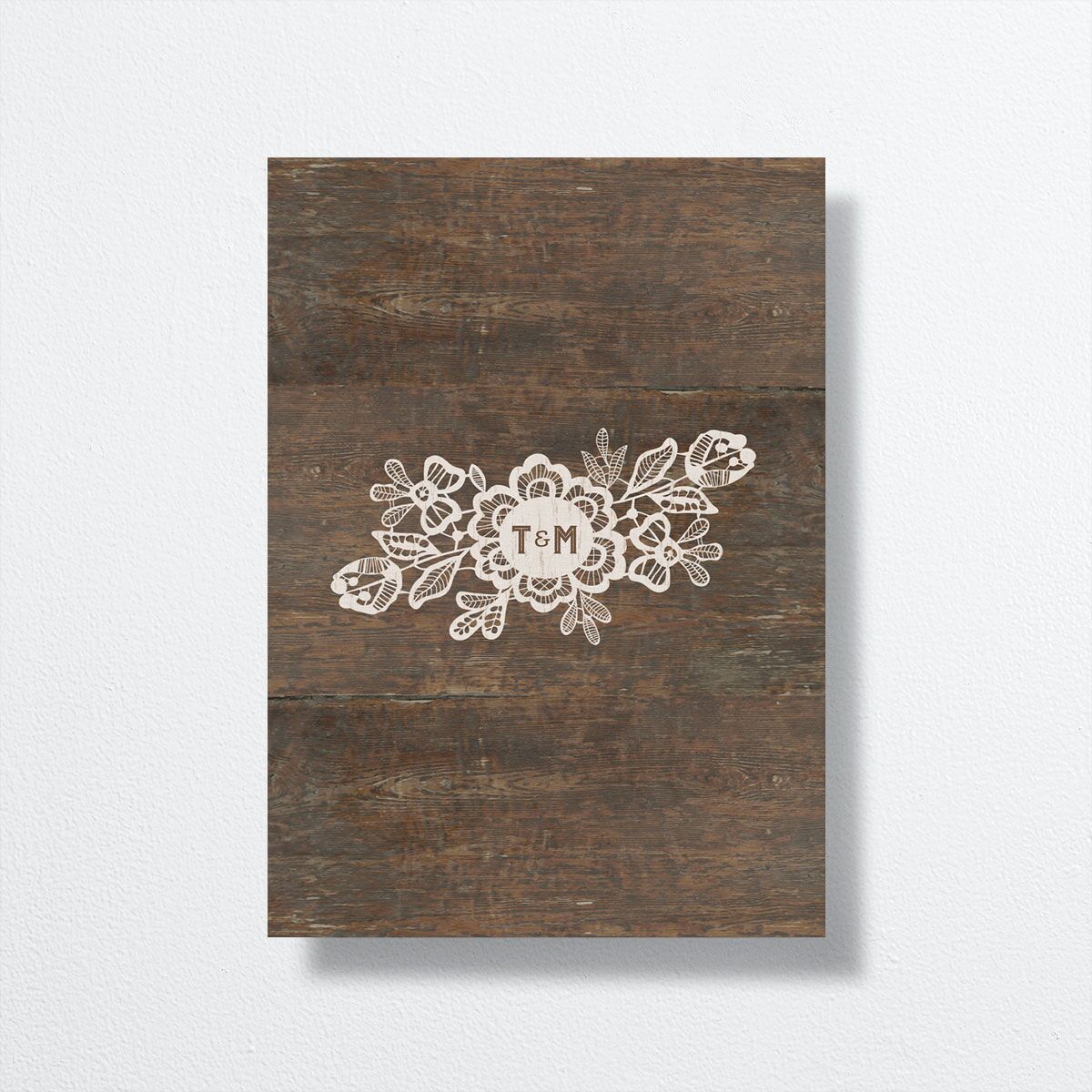 Rustic Lace Save the Date Cards back in Walnut