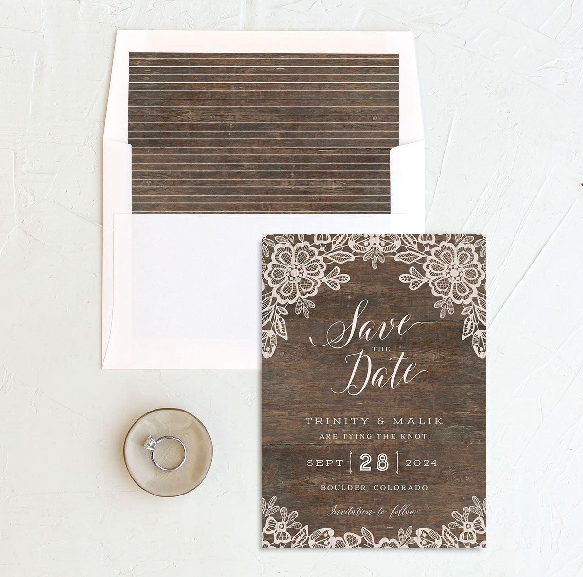 Rustic Lace Save the Date Cards envelope-and-liner in Walnut