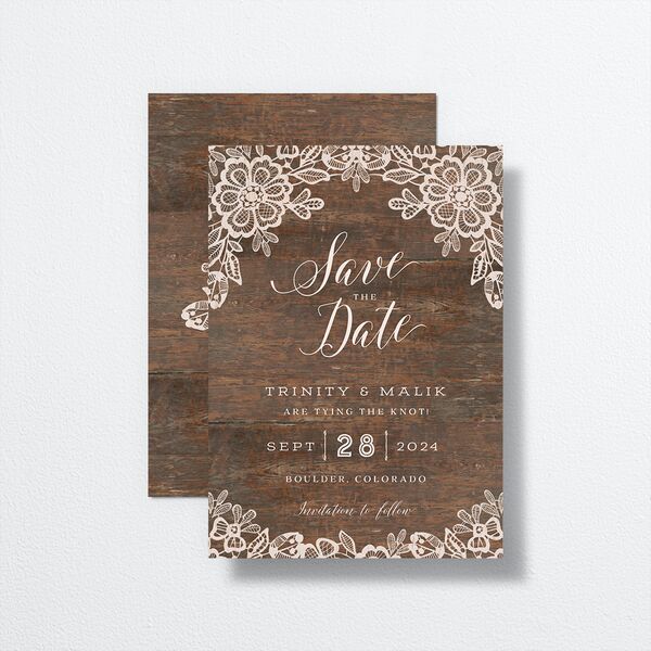 Rustic Lace Save the Date Cards front-and-back in Walnut