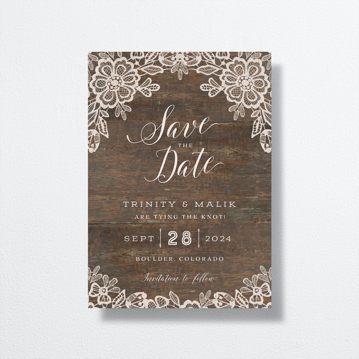 Rustic Lace Save the Date Cards front in Walnut