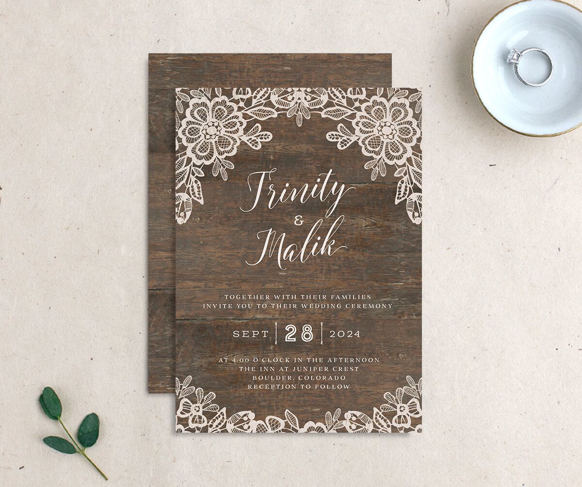 Rustic Lace Wedding Invitations front-and-back in Brown