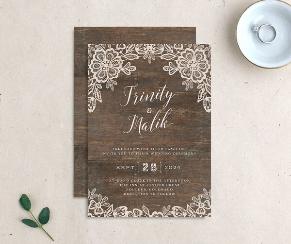 Rustic Lace Wedding Invitations front-and-back in Walnut