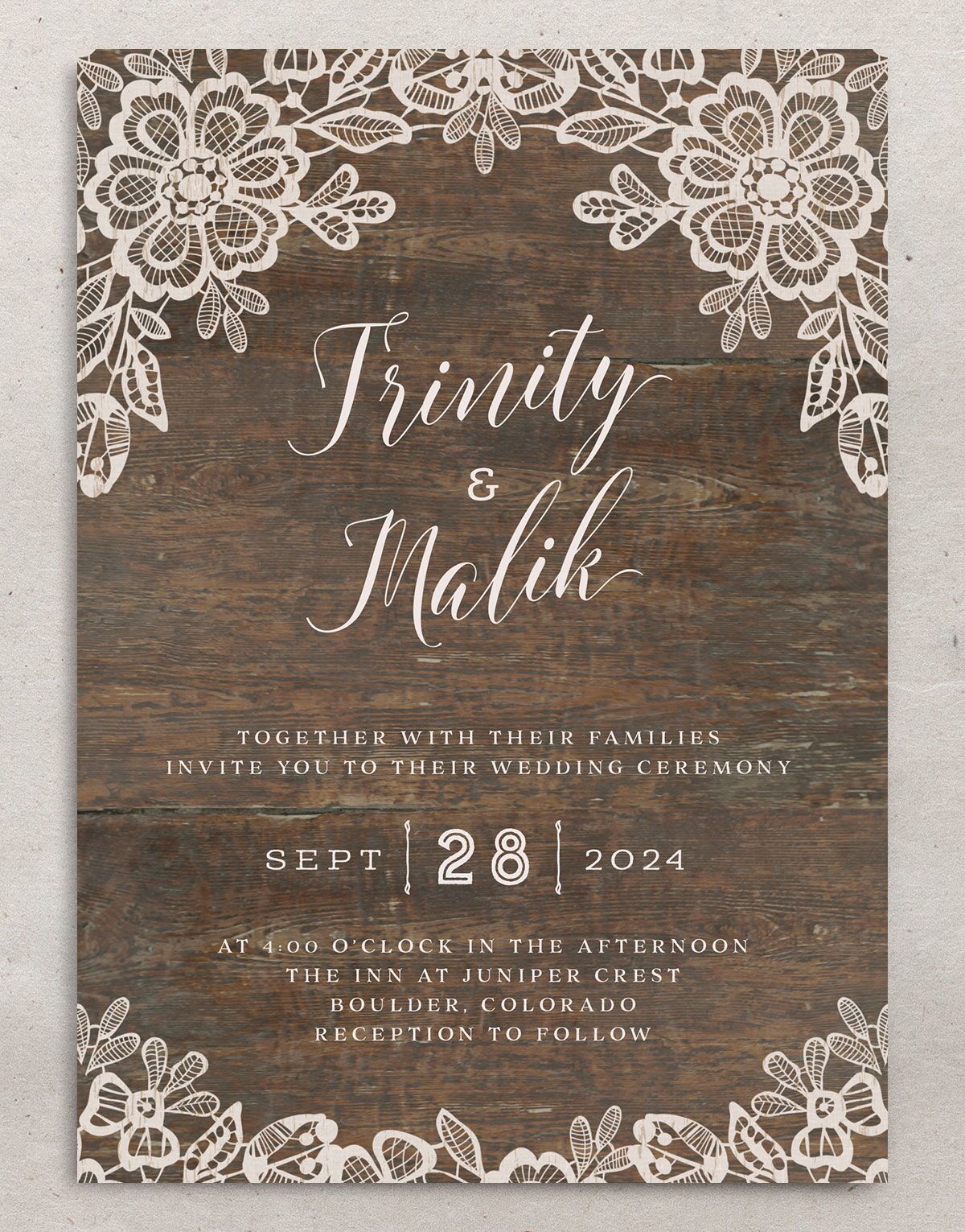 Rustic Lace Wedding Invitations front in Walnut