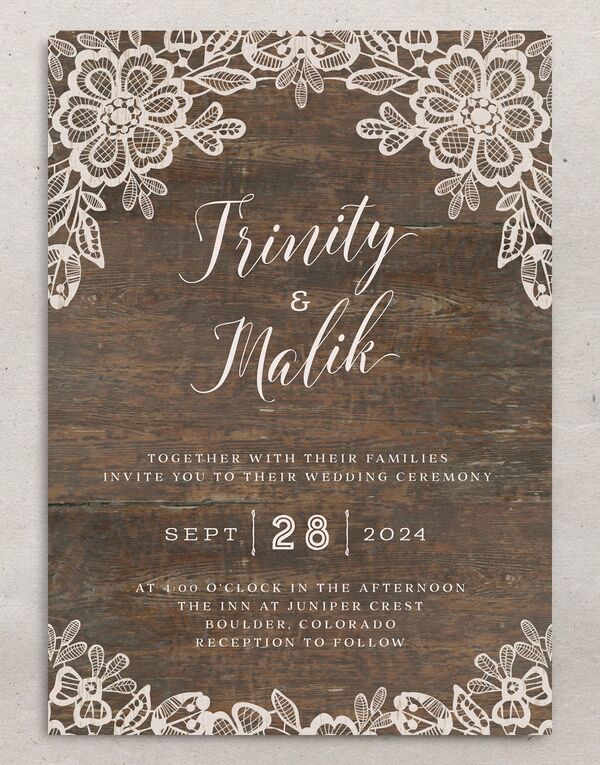 Rustic Lace Wedding Invitations front in Brown