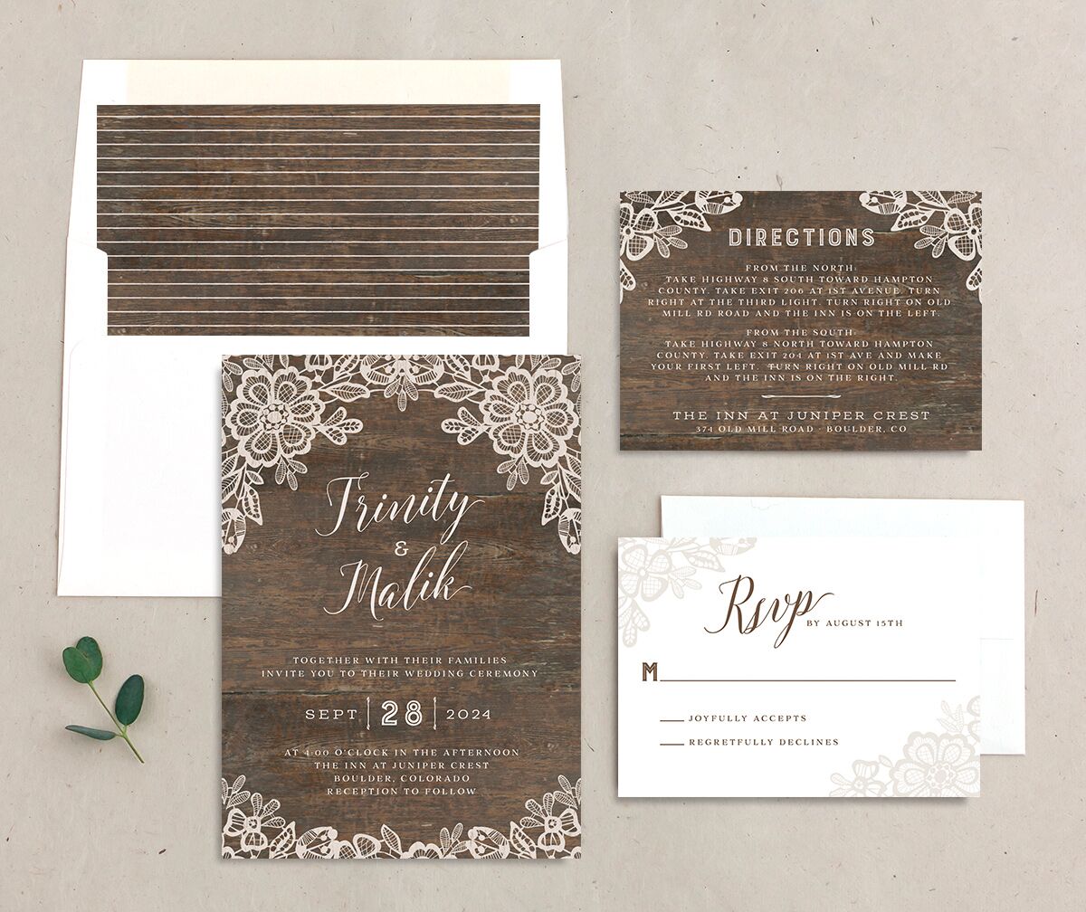 Rustic Lace Wedding Invitations suite in Brown