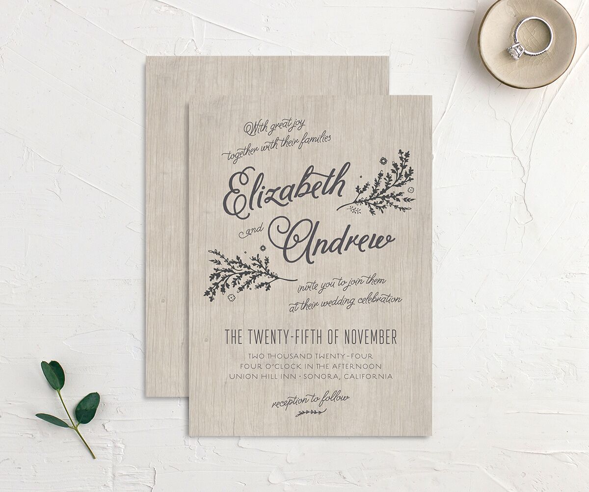 Rustic Romance Wedding Invitations front-and-back in Silver