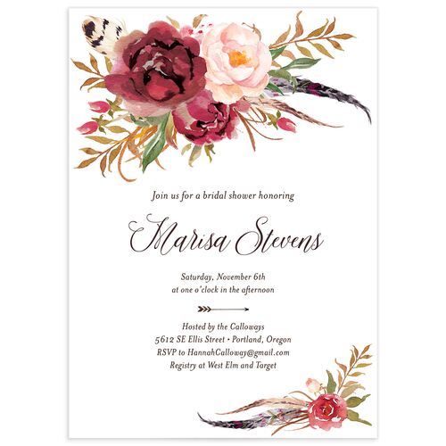 Bohemian Floral Bridal Shower Invitations - Merlot